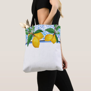 Lemon Leaf Watercolor Tote Blå Amalfi Citrus Tygkasse