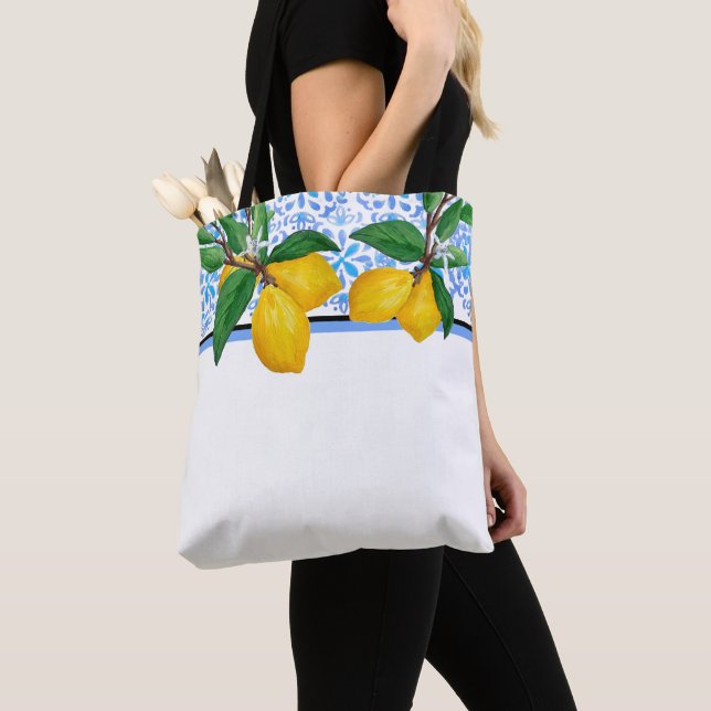 Lemon Leaf Watercolor Tote | Blue Amalfi Citrus Tygkasse (Närbild)