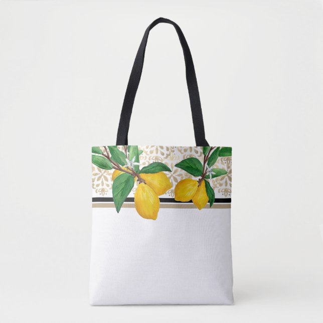 Lemon Leaf Watercolor Tote | Taupe Amalfi Citrus Tygkasse (Framsida)