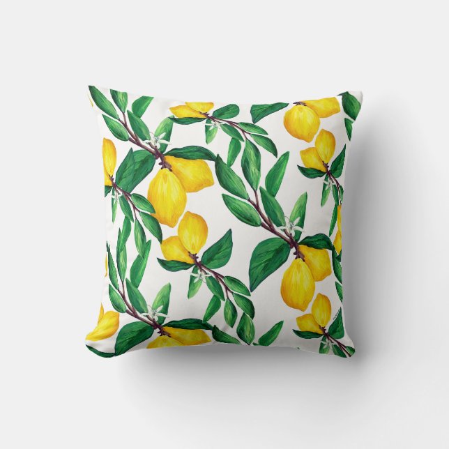 Lemon Leaf Yellow Green Pattern Throw Pillow Kudde (Framsida)