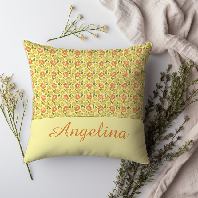 Lemon leaves white yellow orange Pattern name  Kudde (Get ready to snuggle up with our super-cozy Throw Pillow!)