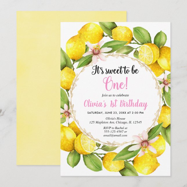 Lemon Lemonade flicka 1:a födelsedag Inbjudningar (Fram/baksida)