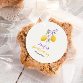 Lemon Lila Bow Första Födelsedagsfesten Runt Klistermärke