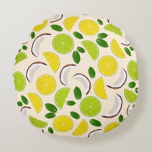 Lemon lime coconut och mint lycklig cheerful mönst rund kudde (Framsidan)
