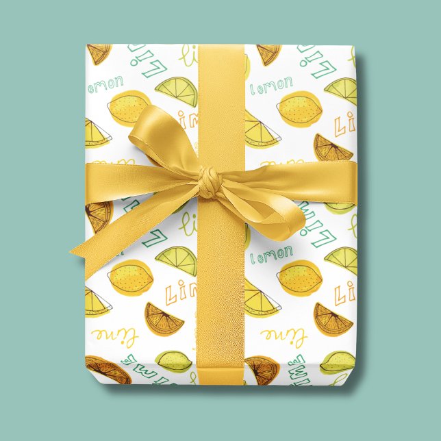 Lemon & Lime Zesty Fruktmönster Presentpapper (Lemon & Lime Citrus Fruit Wrapping Paper rolls)