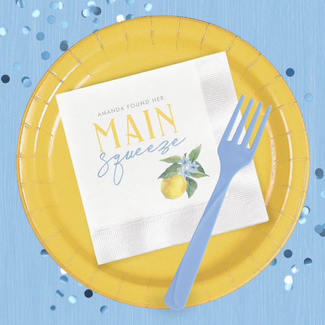 Lemon Main Squeeze Personlig Präglad Cocktail Pappersservett (Personalized Main Squeeze Watercolor Lemon Bridal Shower Coined Paper Napkins - Pack of 50)