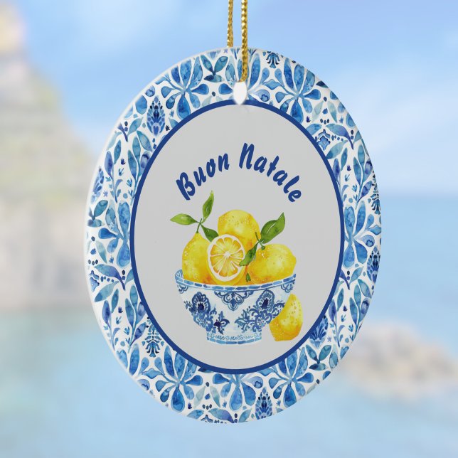 Lemon Mediterranean Buon Natale Azulejo Blue Toile Julgransprydnad Keramik (Skapare uppladdad)
