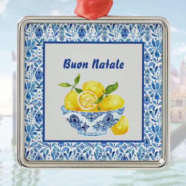 Lemon Mediterranean Buon Natale Azulejo Blue Toile Julgransprydnad Metall (Skapare uppladdad)
