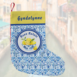 Lemon Mediterranean Buon Natale Azulejo Blue Toile Liten Julstrumpa