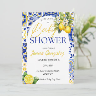 Lemon Mediterranean Italy Blue Tiles Baby Shower Inbjudningar