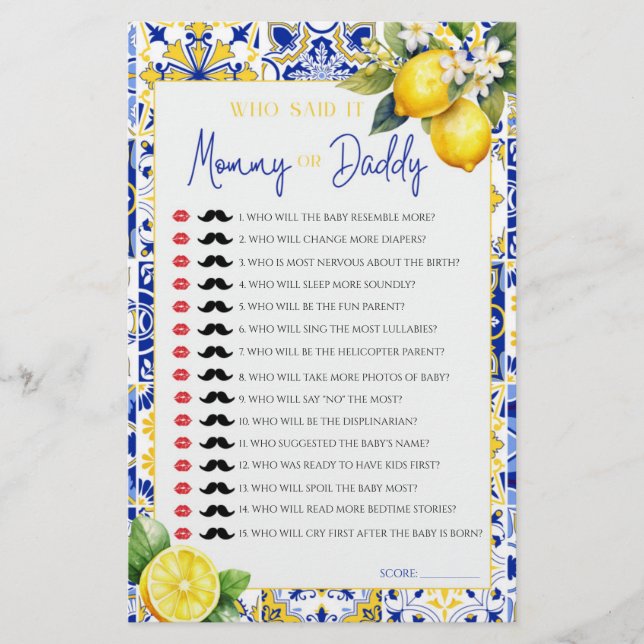 Lemon Mediterranean Mamma Pappa Baby Shower-spel (Framsida)
