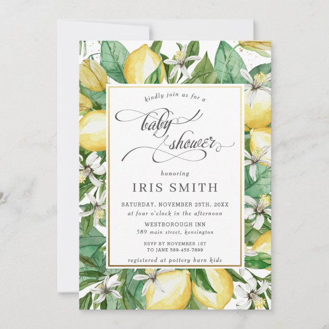 Lemon Mediterranean Summer Greenery Baby Shower Inbjudningar (Framsida)