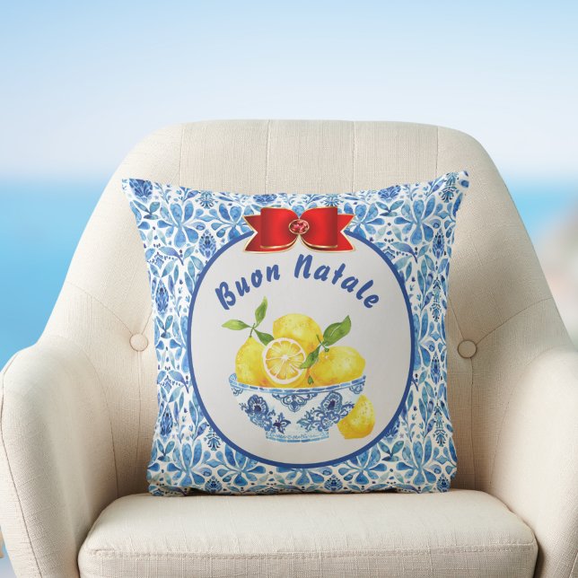 Lemon Mediterranean Tile Buon Natale Blue Red Bow Kudde (Skapare uppladdad)