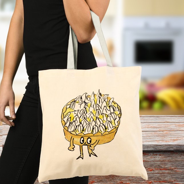 Lemon Meringue Paj Quirky Cute Tecknad Art Tygkasse (Cute lemon meringue pie cartoon art tote bag quirky watercolor artwork by artist Catherine Sweetman)
