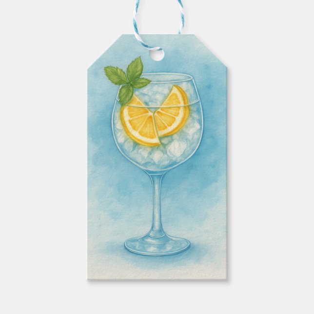 Lemon & Mint G&T — Vattenfärgskocktail Presentetikett (Framsidan)