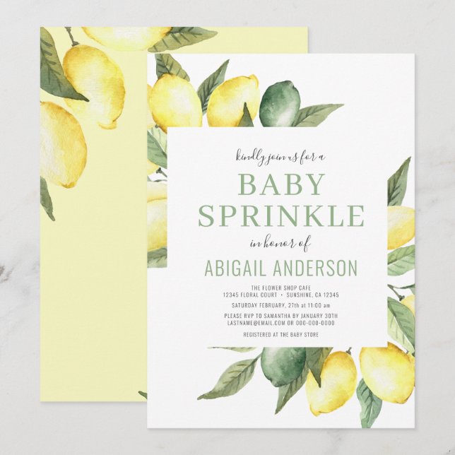 Lemon Modern Citrus Baby Sprinkle Watercolor  Inbjudningar (Fram/baksida)