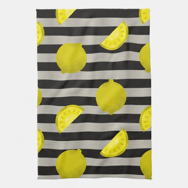 Lemon Modern Svart & Vit Ränder Kökshandduk (Vertikal)
