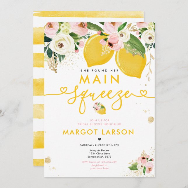 Lemon Möhippa Blommigt Lemon Main Squeeze Inbjudningar (Fram/baksida)