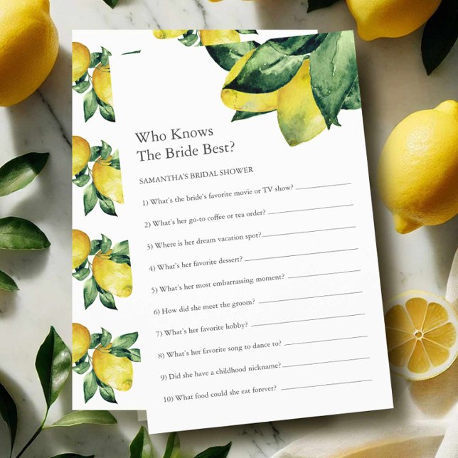 Lemon Möhippa Games, känner du till briden? Flygblad (bridal shower games who knows the bride best features a watercolor lemon theme)