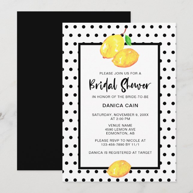 Lemon Möhippa Hand Lettering Polka dots Inbjudningar (Fram/baksida)