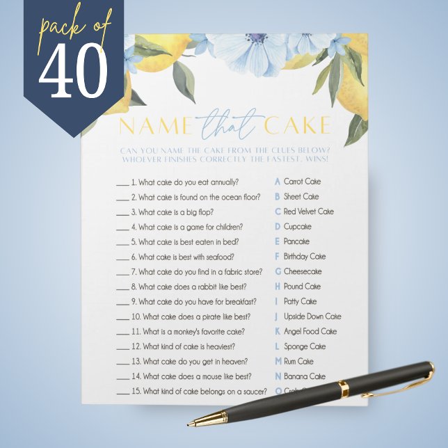 Lemon Möhippa Namn - spelpaketet för kummelduschen Anteckningsblock (Main Squeeze Lemon and Blue Flower Name That Cake Bridal Shower Game Pack of 40 Games)