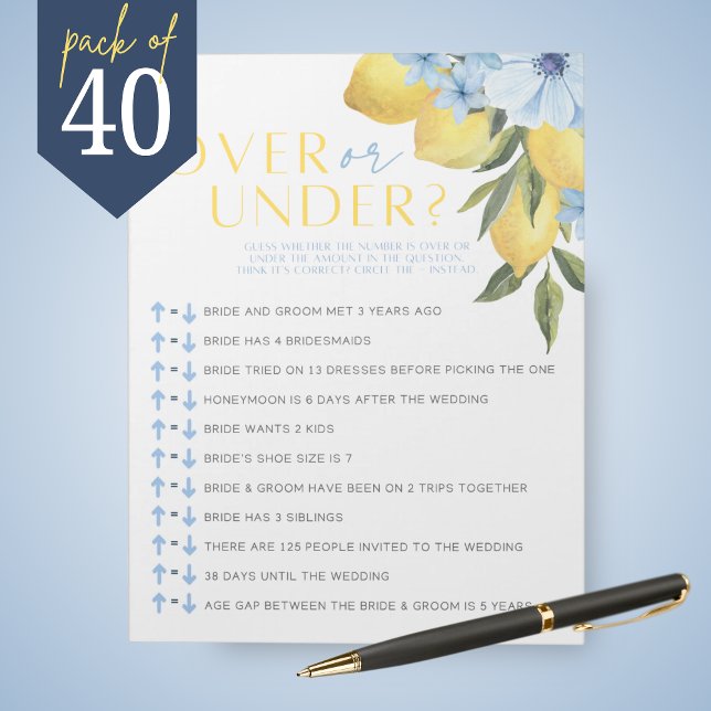Lemon-Möhippa över eller under Shower Game Pack Anteckningsblock (Main Squeeze Lemon and Blue Flower Over or Under Bridal Shower Game Pack of 40 Games)