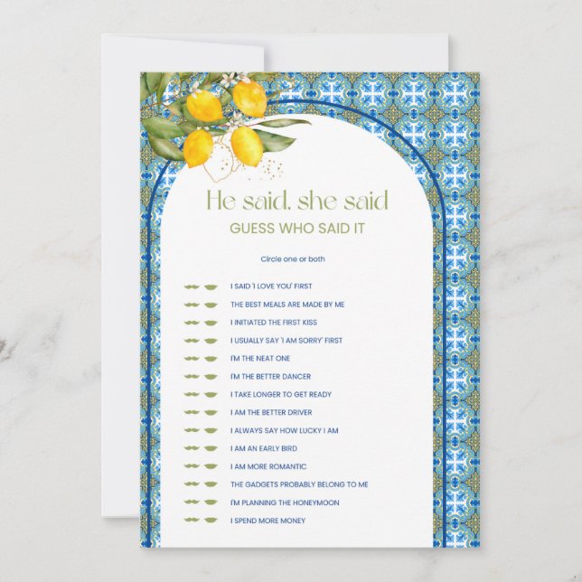 Lemon Möhippa sa att hon sa att hon sa "Game Card" Inbjudningar (Framsida)