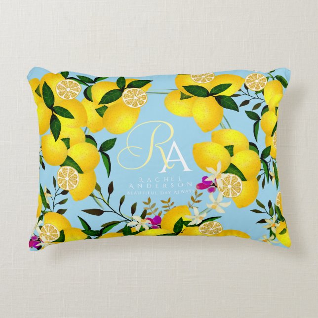 Lemon Monogram Blue Prydnadskudde (Framsidan)
