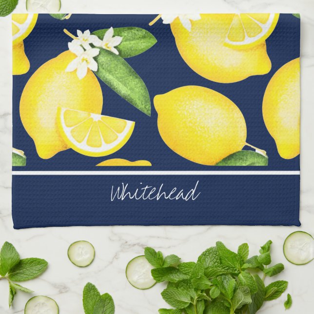 Lemon Monogram Botanical Mönster Kökshandduk (Vikta)