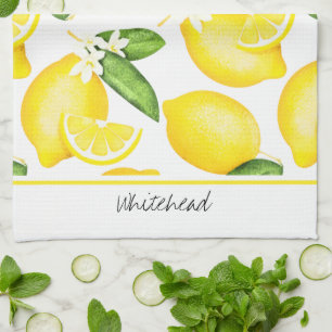 Lemon Monogram Botanical Mönster Kökshandduk