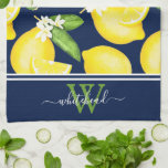 Lemon Monogram Botanical Navy Blue Kökshandduk<br><div class="desc">Det här monogrammet har en vattenfärgscitron mönster med vit fast färg,  där du kan lägga till ditt initialvärde och namn.</div>
