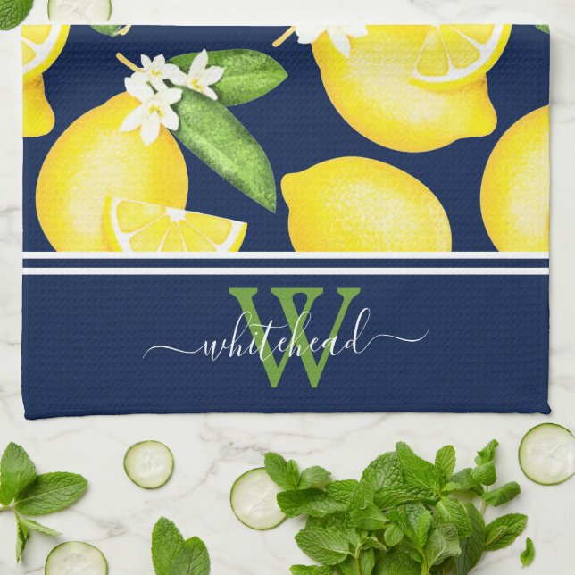 Lemon Monogram Botanical Navy Blue Kökshandduk (Vikta)