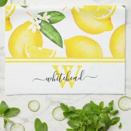 Lemon Monogram Botanical White  Kökshandduk