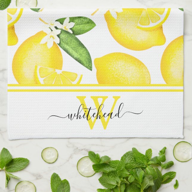 Lemon Monogram Botanical White  Kökshandduk (Vikta)