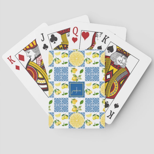Lemon Monogram Name French Country Tile Pattern Casinokort (Baksidan)