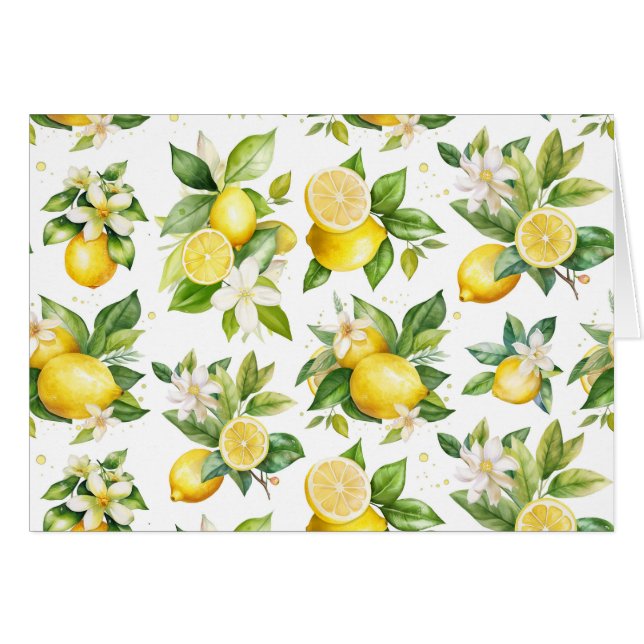 Lemon Mönster, Lemon Flowers, Löv, Citrus Hälsningskort (Framsidan Horizontal)