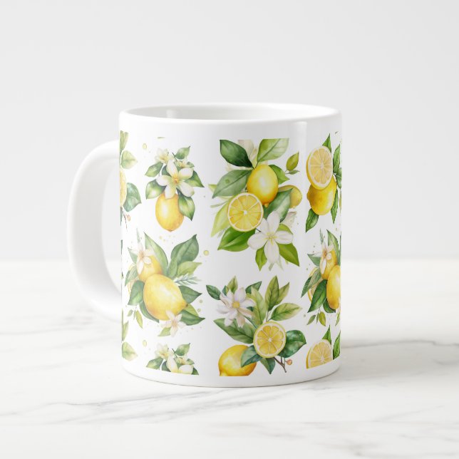 Lemon Mönster, Lemon Flowers, Löv, Citrus Jumbo Mugg (Framsida vänster)