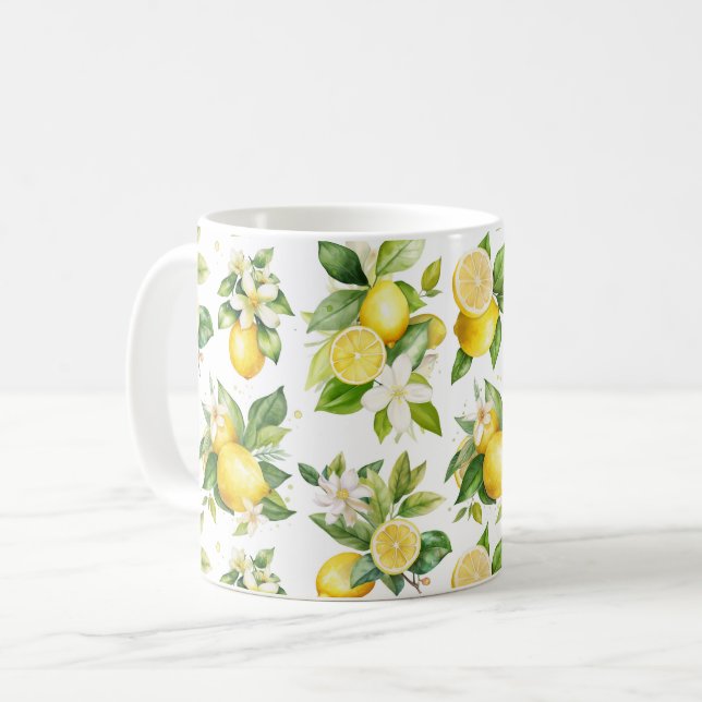 Lemon Mönster, Lemon Flowers, Löv, Citrus Kaffemugg (Framsida vänster)
