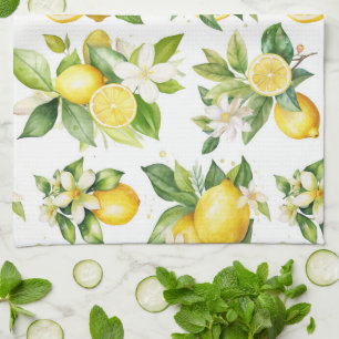 Lemon Mönster, Lemon Flowers, Löv, Citrus Kökshandduk