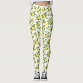 Lemon Mönster, Lemon Flowers, Löv, Citrus Leggings