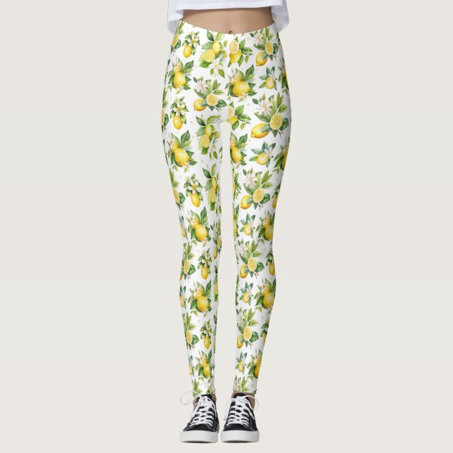 Lemon Mönster, Lemon Flowers, Löv, Citrus Leggings (Framsida)