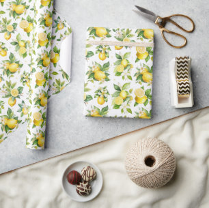 Lemon Mönster, Lemon Flowers, Löv, Citrus Presentpapper