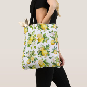 Lemon Mönster, Lemon Flowers, Löv, Citrus Tygkasse