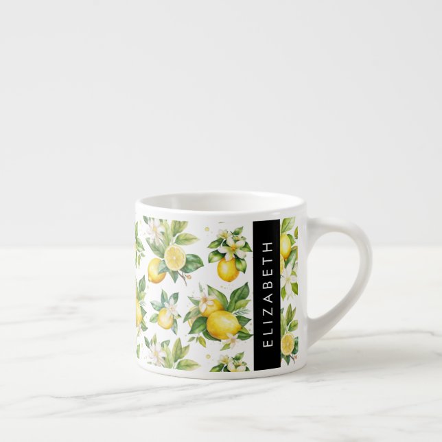 Lemon Mönster, Lemon Flowers, Löv, ditt namn Espressomugg (Höger)