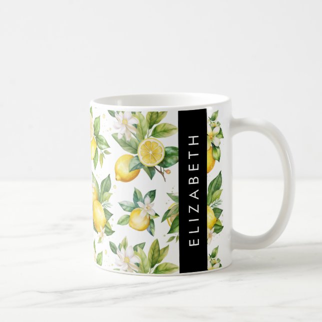 Lemon Mönster, Lemon Flowers, Löv, ditt namn Kaffemugg (Höger)