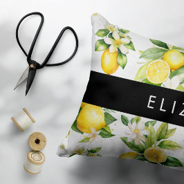 Lemon Mönster, Lemon Flowers, Löv, ditt namn Prydnadskudde
