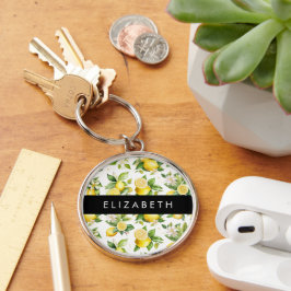 Lemon Mönster, Lemon Flowers, Löv, ditt namn Rund Silverfärgad Nyckelring