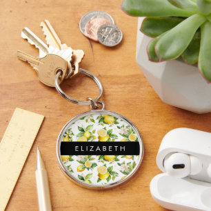 Lemon Mönster, Lemon Flowers, Löv, ditt namn Rund Silverfärgad Nyckelring