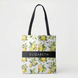Lemon Mönster, Lemon Flowers, Löv, ditt namn Tygkasse