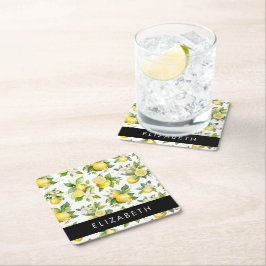 Lemon Mönster, Lemon Flowers, Löv, ditt namn Underlägg Papper Kvadrat